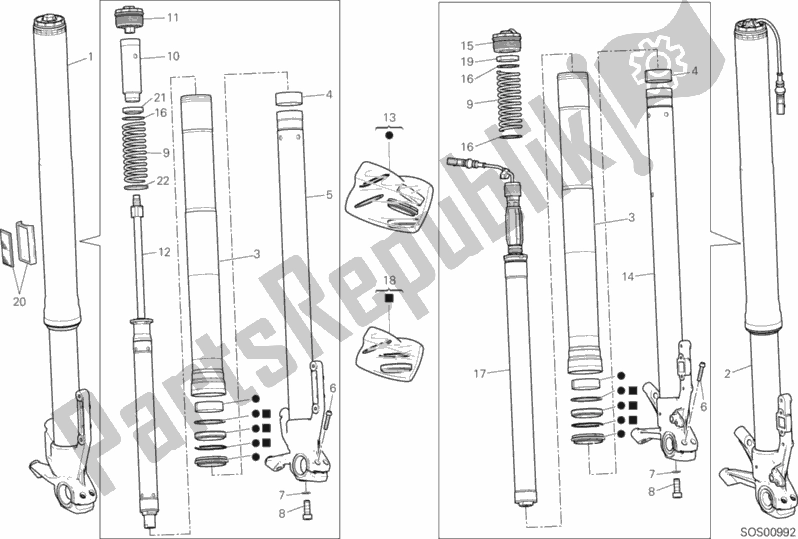 All parts for the Front Fork of the Ducati Multistrada 1260 Enduro USA 2020